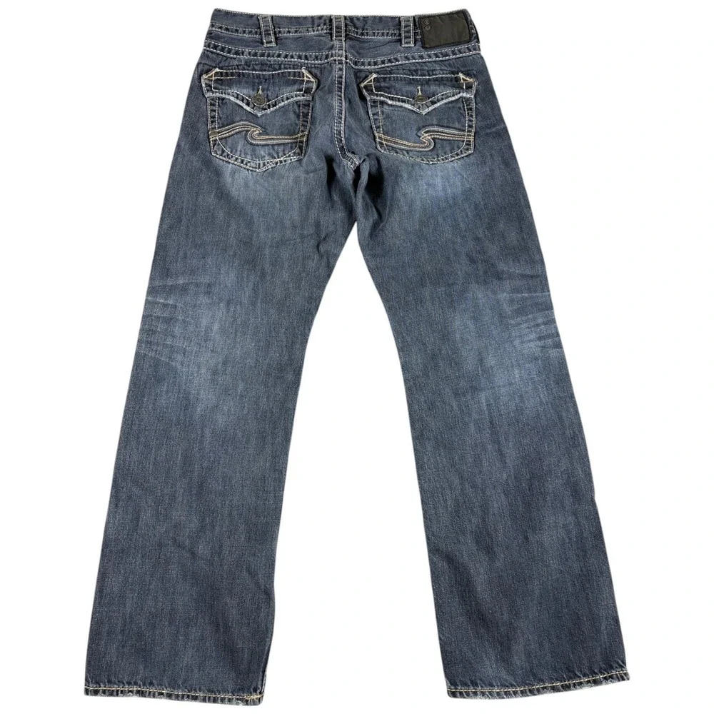 Silver Jeans Co. Suki Flap Mens 32x32 Blue Denim Whiskered Stretch Straight Leg